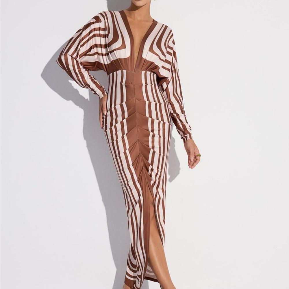 Commense Striped Plunge Neck Slit Midi Dress